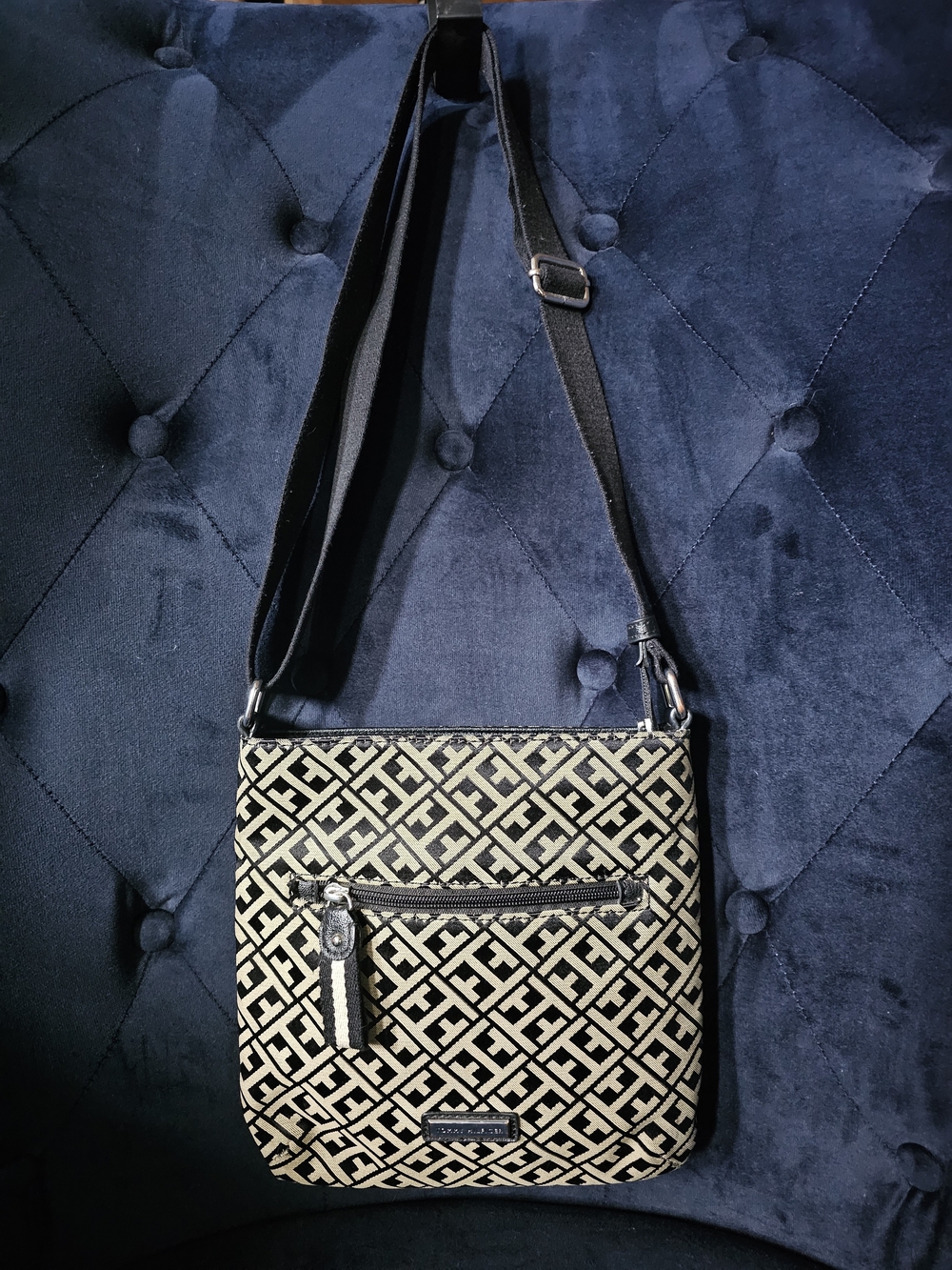 Tommy Hilfiger monogram jacquard crossbody bag with a black and beige
